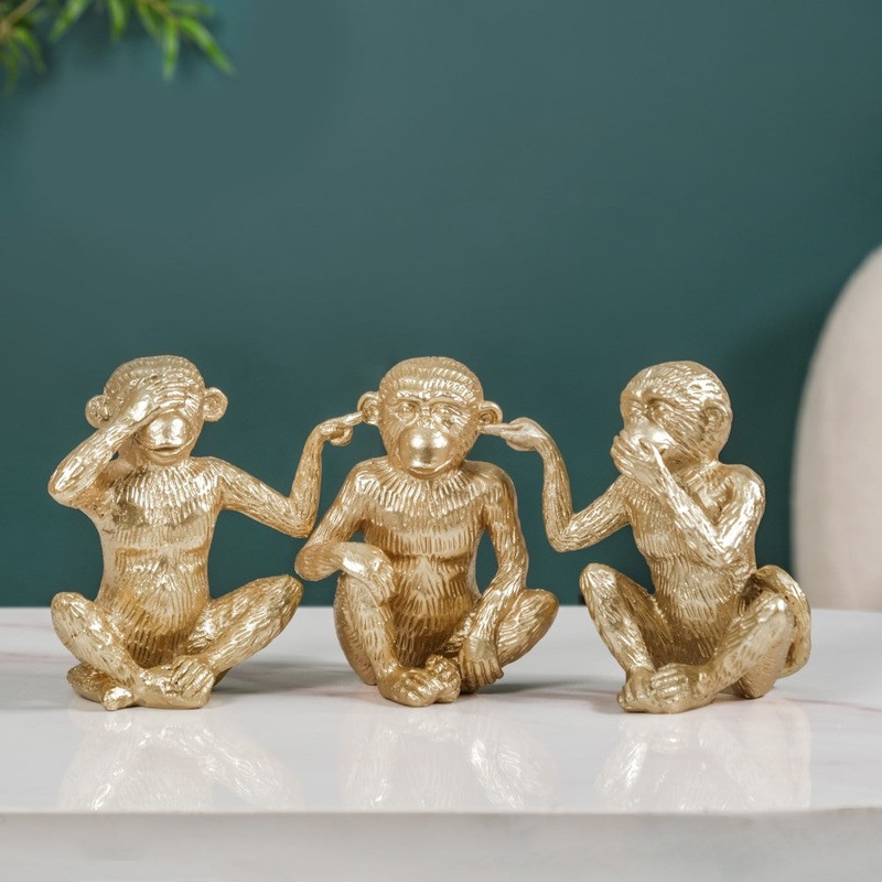 Gandhi Monkey Trio Resin Decor Showpiece Gold