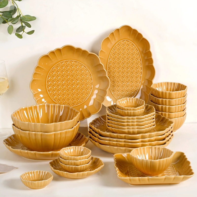 Luxury Texture 28 Piece Dinner Set For 6 Ochre Yellow