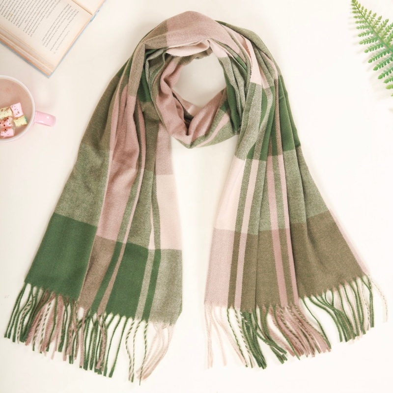 Olive Green Checkered Blanket Scarf