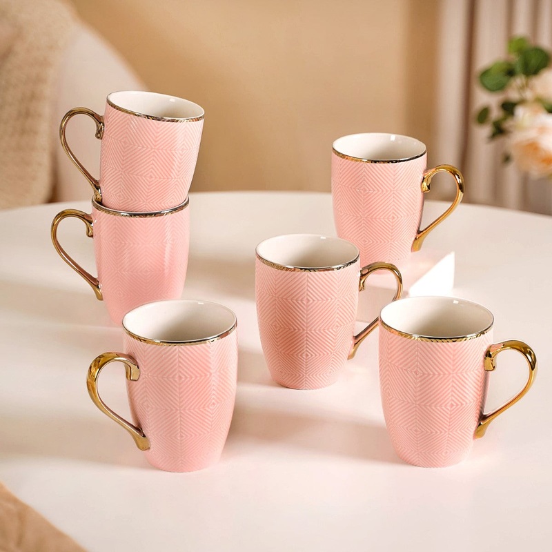 Set of 6 Pink Geometric Design Mug 330ml