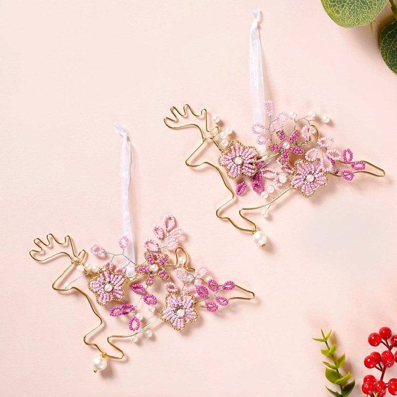 Beads Pink Reindeer Ornaments Set of 2