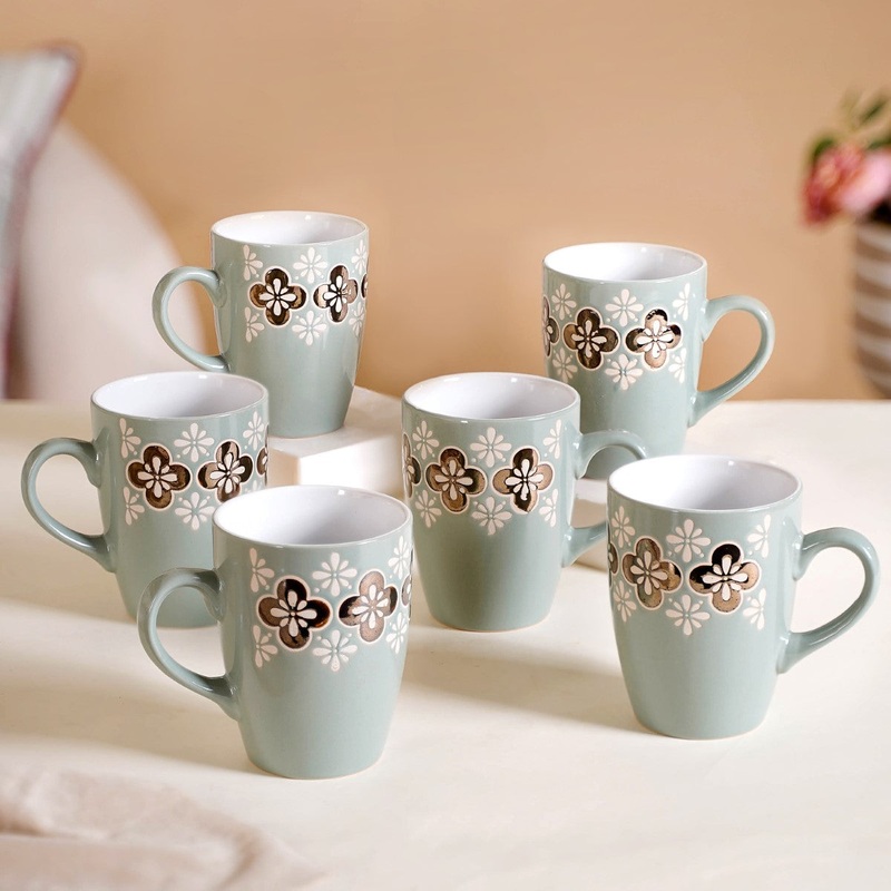 Bronze Flowers Sage Blue Coffee Mug Set Of 6 350ml