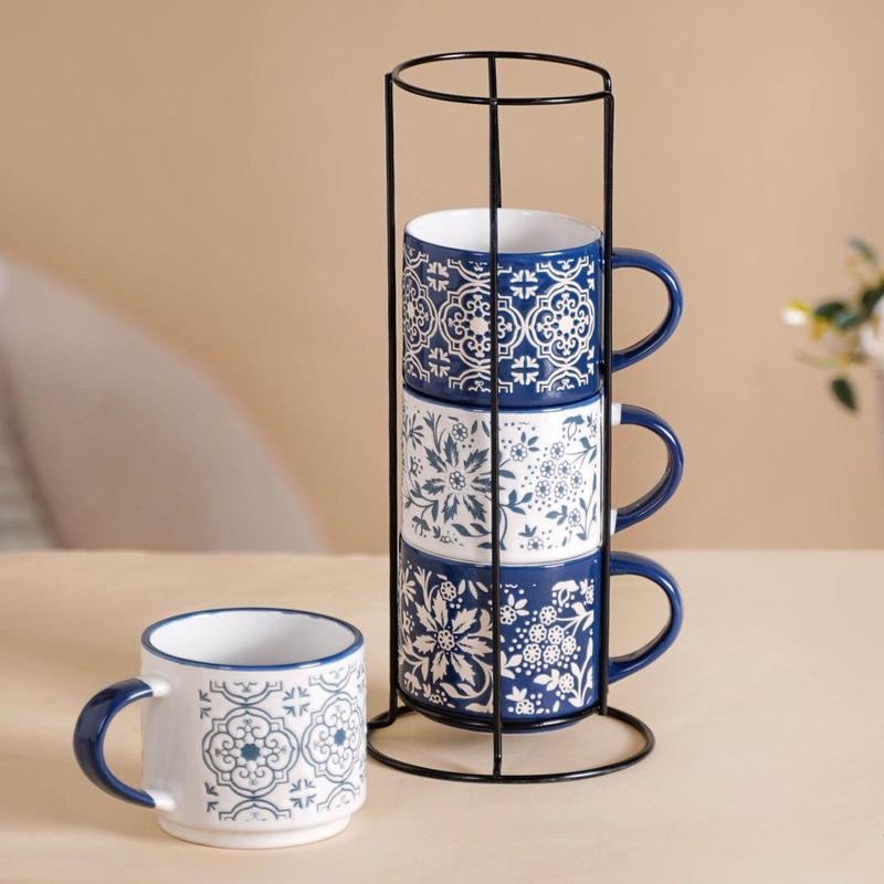 Floral Design Stackable Coffee Mugs Set of 4 240ml