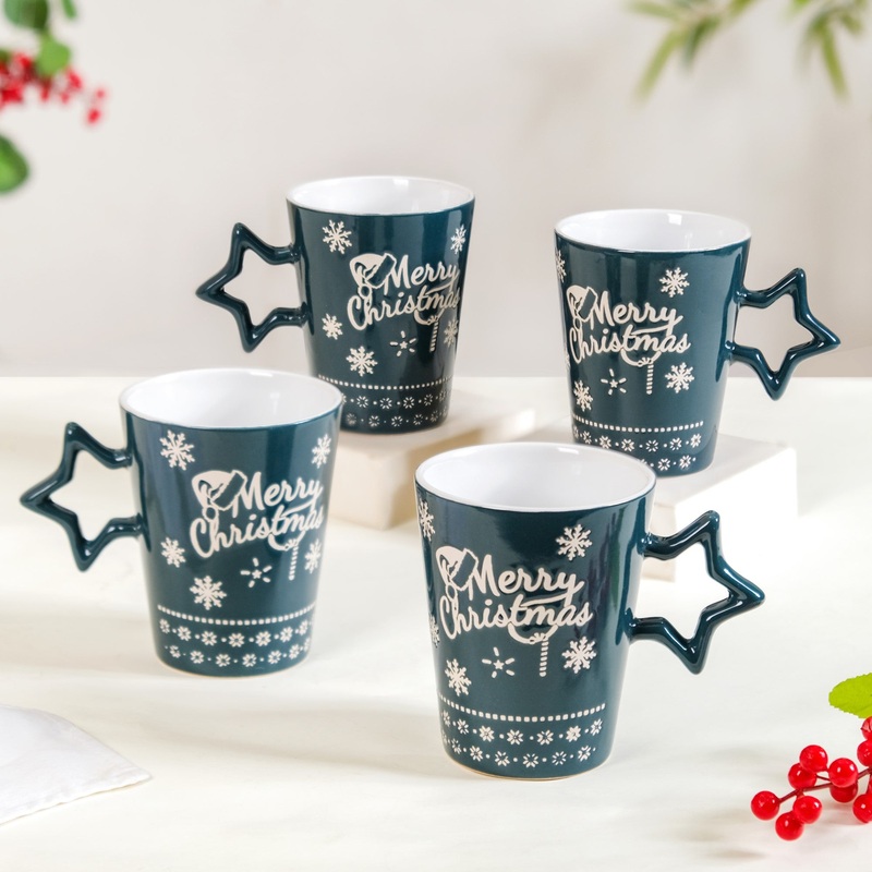 Merry Christmas Set Of 4 Cups With Star Handle Green 300ml