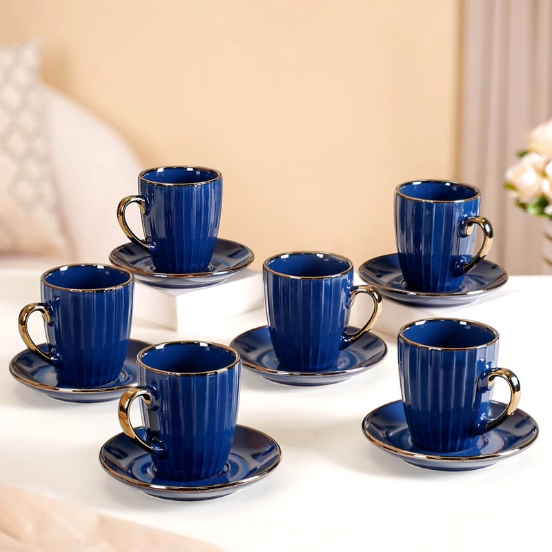 Nori Cup And Saucer Set Of 6 Blue With Gold Detail 250ml