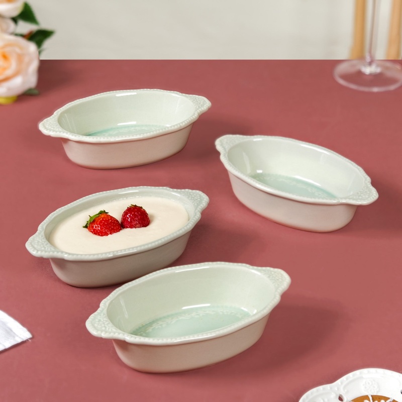 Oval Small Baking Bowl With Handle Set Of 4 Green 200ml