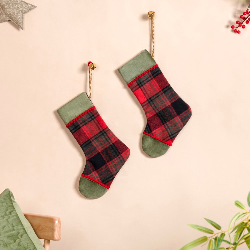 Plaid Bell Santa Stockings Set Of 2