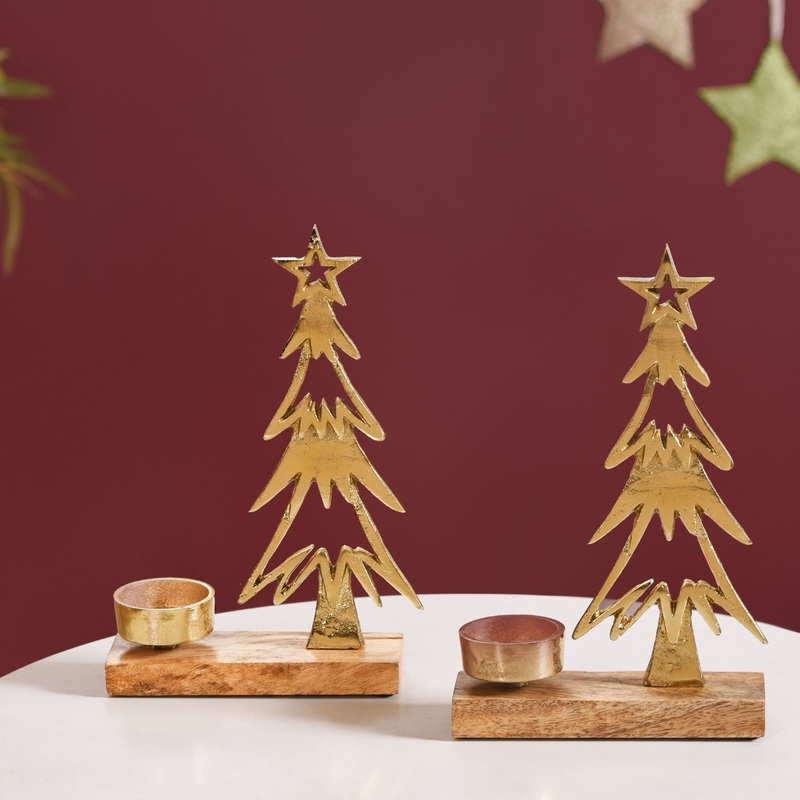 Set Of 2 Gold Tree Tea Light Holder