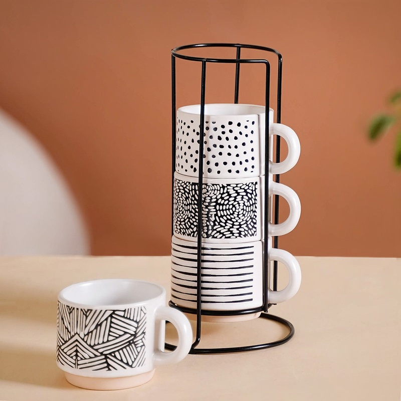 Set Of 4 Stackable Ceramic Cups With Stand Black White 180ml