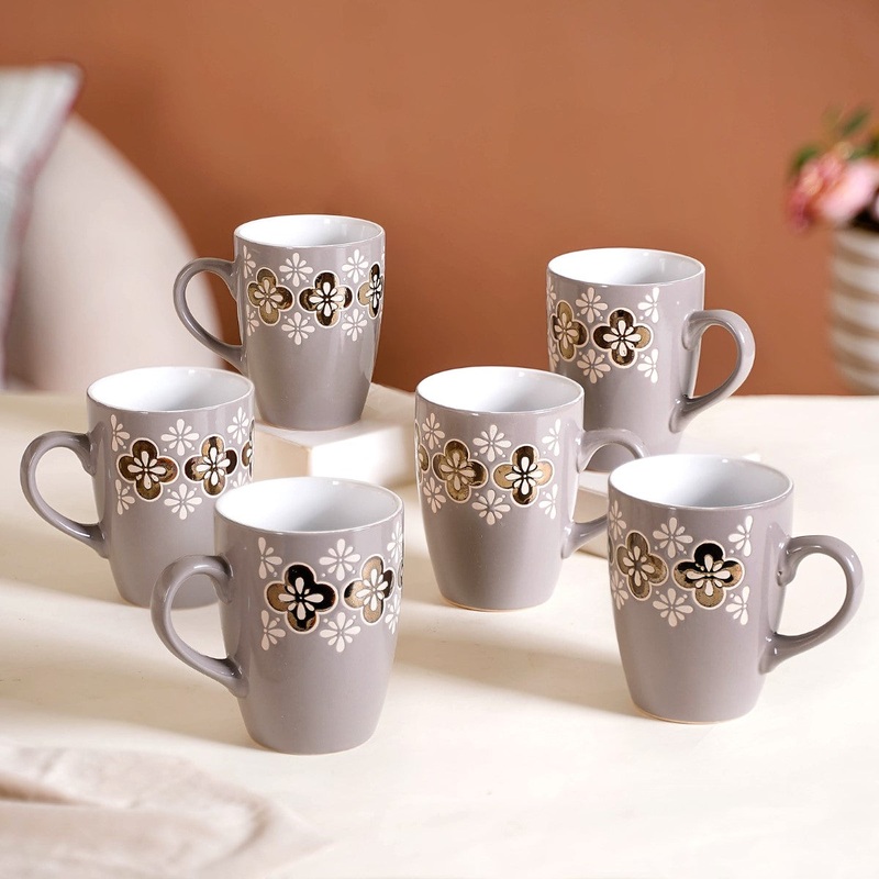 Set Of 6 Floral Patterned Coffee Mug Grey 350ml
