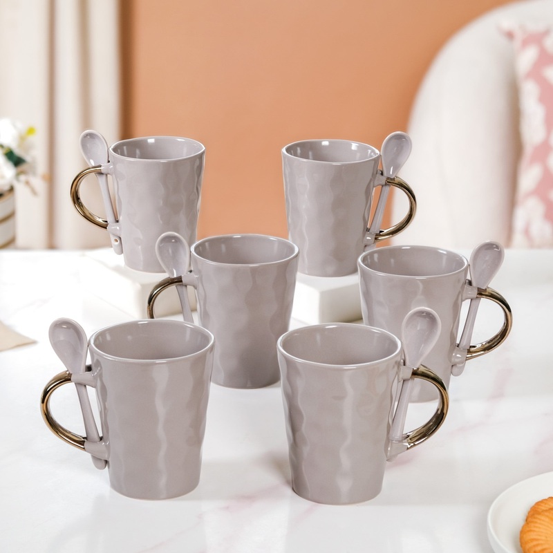 Spoon Holder Coffee Mug Set Of 6 With Spoons Grey 350ml