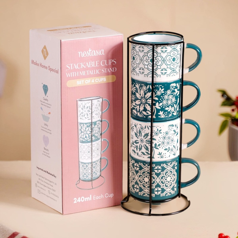 Stackable Coffee Cups With Stand Green Set of 4 240ml
