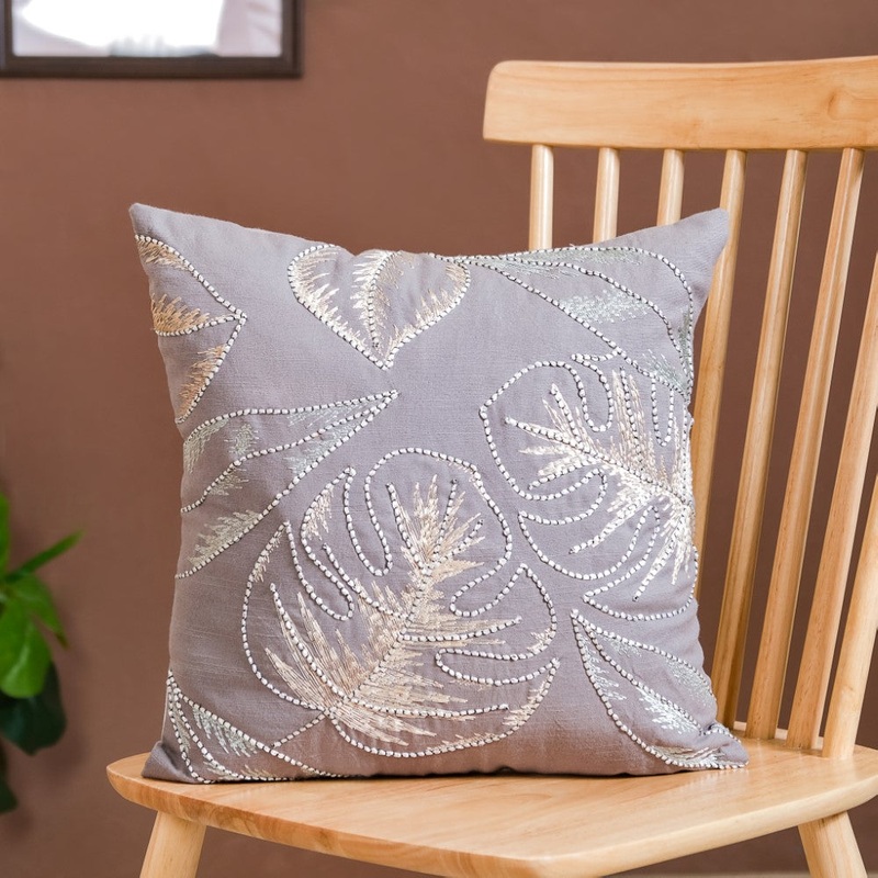 Tropical Leaves Embroidered Cushion Cover 15x15 Inch