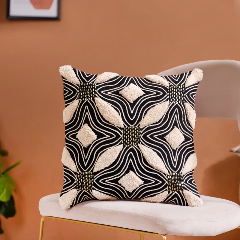 Tufted Black And White Pattern Cushion Cover 15x15 Inch