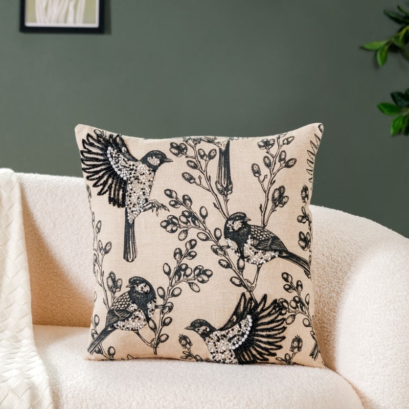 Birds Embroidered Cotton Linen Cushion Cover 16x16 Inch