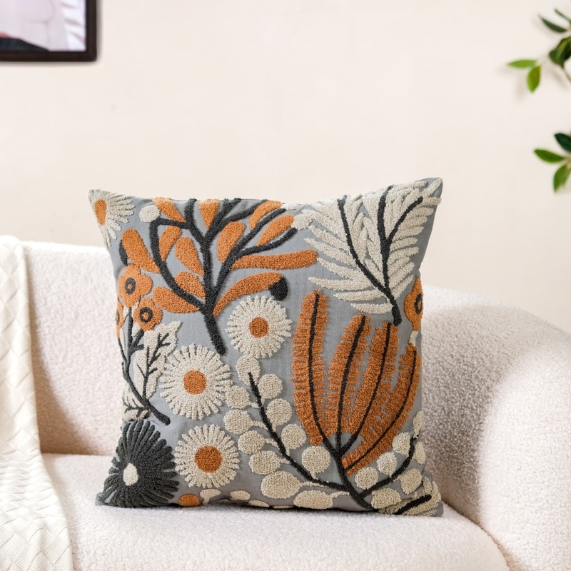 Botanical Embroidered Cushion Cover 16x16 Inch