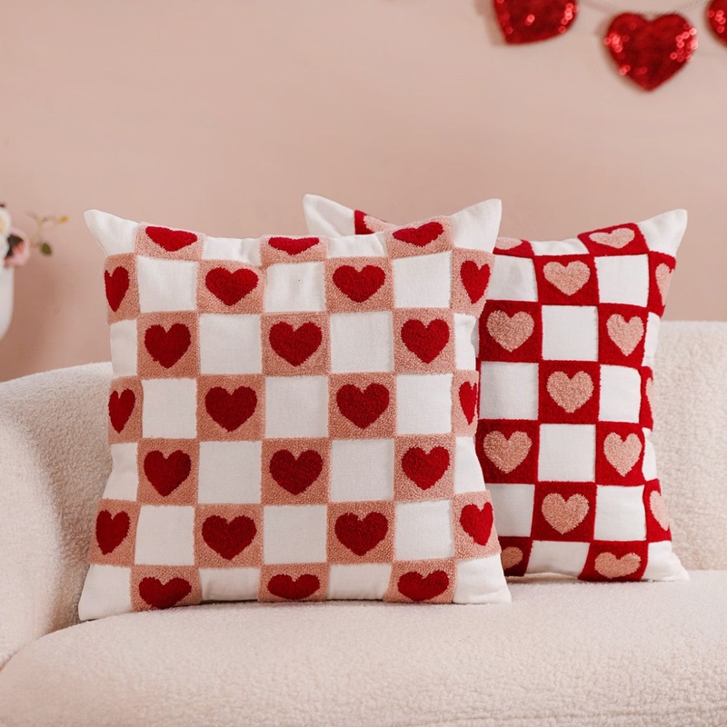 Checkerboard Hearts Cushion Cover Set Of 2 Red Pink White 16x16 Inch
