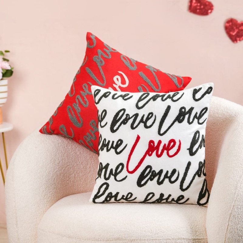 Embroidered Love Cushion Cover Set Of 2 Red White 16x16 Inch