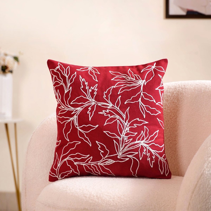 Embroidered Red Couch Cushion Cover 16x16 Inch