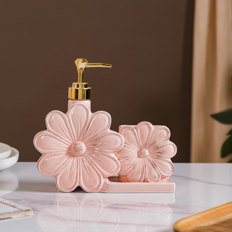 Floral Soap Dispenser With Holder Pink
