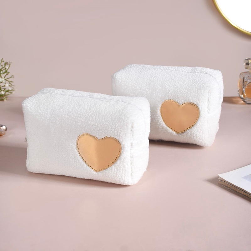 Fluffy White Heart Makeup Bag Set Of 2