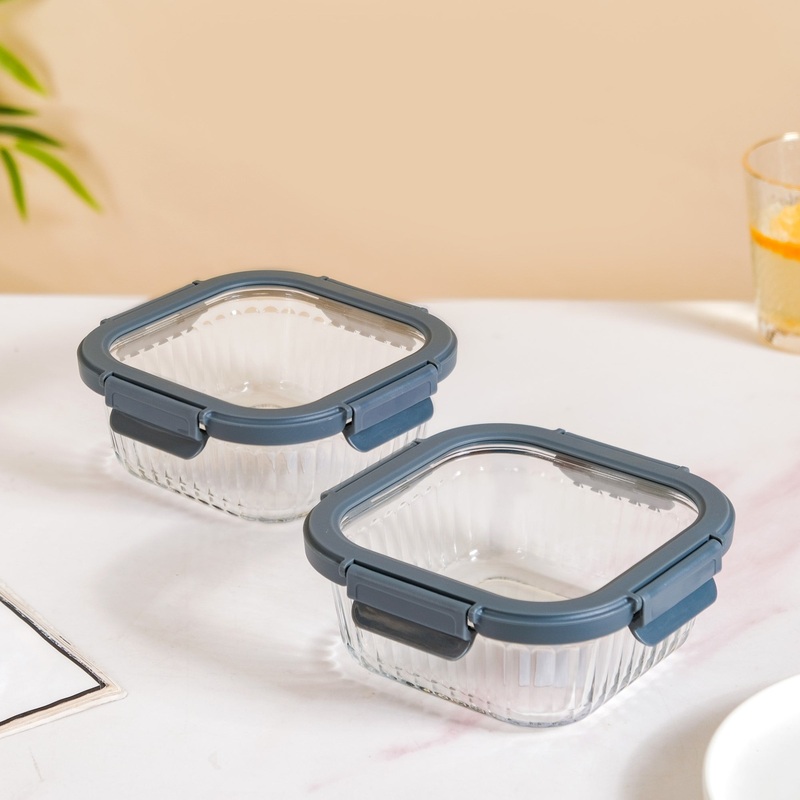 Large Fluted Glass Storage Container With Airtight Lid Set Of 2 800ml