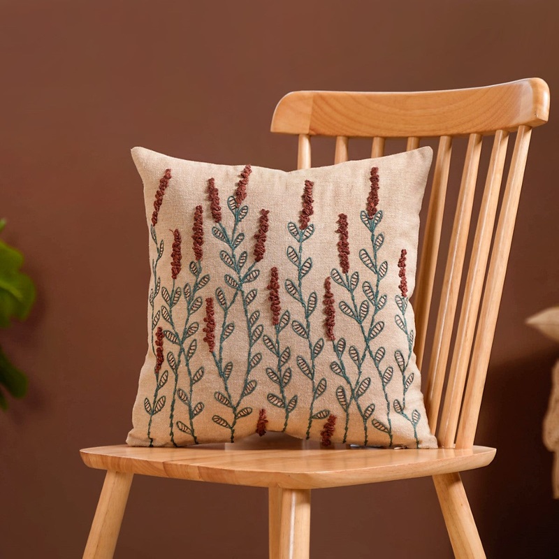 Native Bloom Embroidered Linen Cushion Case 16x16 Inch