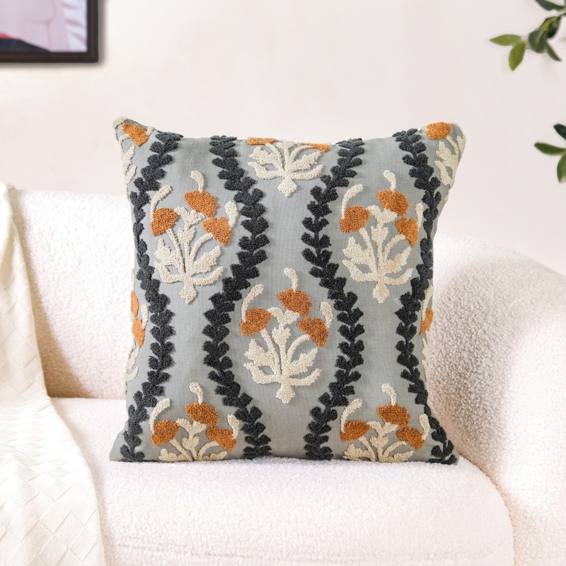 Tufted Embroidery Botanical Linen Cushion Cover 16x16 Inch