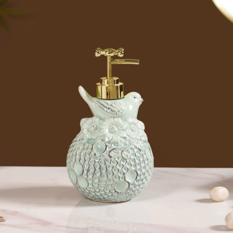 Bird Ceramic Embossed Liquid Soap Dispenser Pastel Green