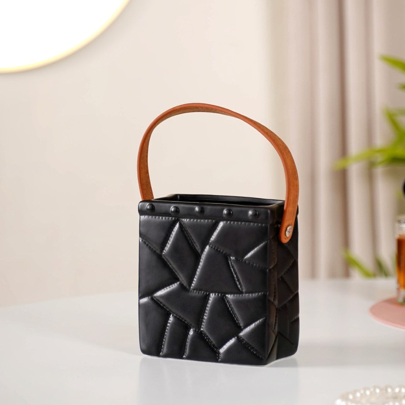 Ceramic Bag Shaped Mini Vase With Handle Black