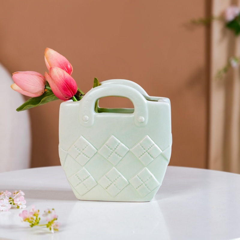 Ceramic Handbag Mini Vase For Home Decoration Mint Green