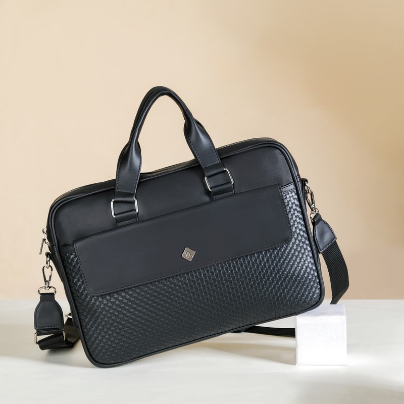 Embossed Vegan Leather Laptop Bag Black