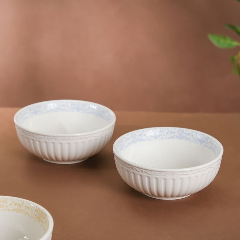 Engraved Rim Ceramic Snack Bowl Blue Set Of 2