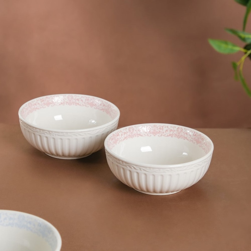 Engraved Rim Ceramic Snack Bowl Pink Set Of 2