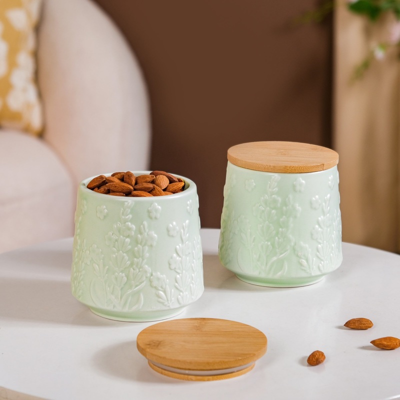 Floral Embossed Ceramic Jar For Storage Set Of 2 Mint Green
