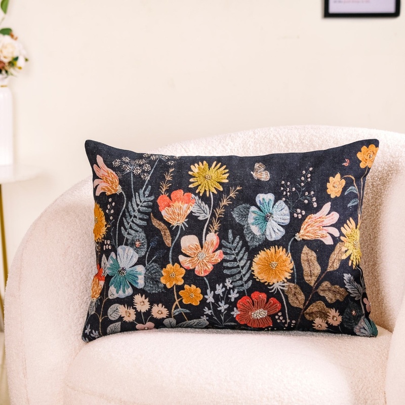Floral Fantasy Beaded Couch Cushion Cover 20x14 Inch