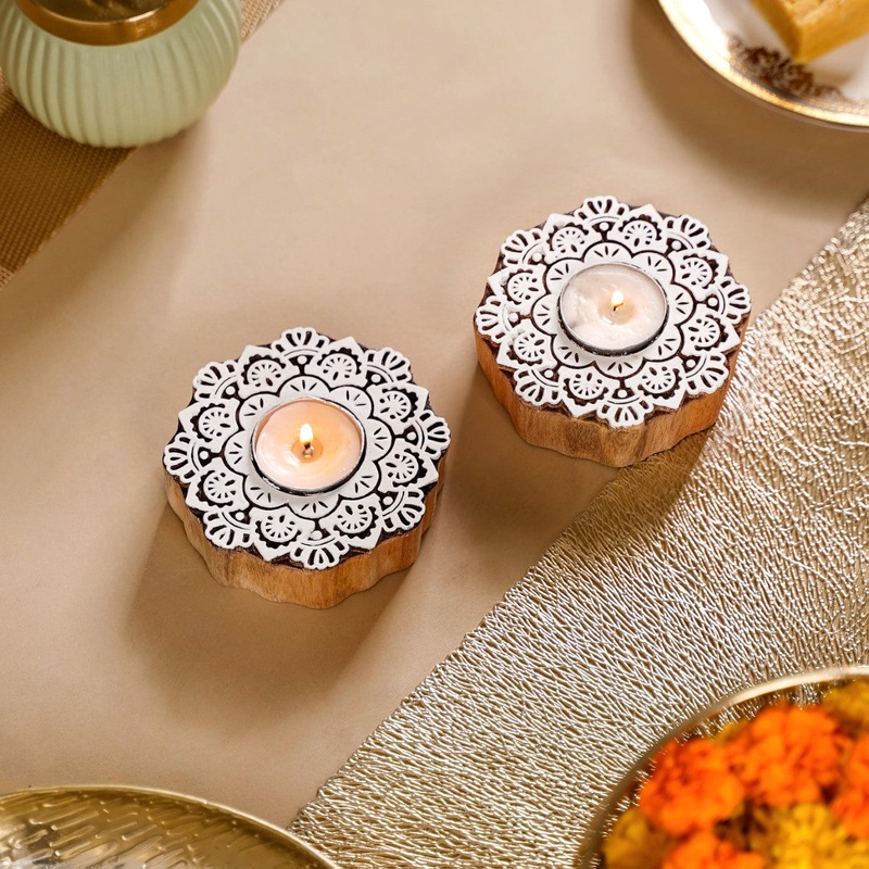 Handmade Floral Mandala Tea Light Holder Set Of 2