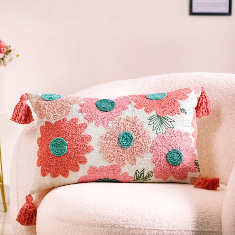 Pink Lumbar Throw Cushion Cover With Tassels 20x12 Inch