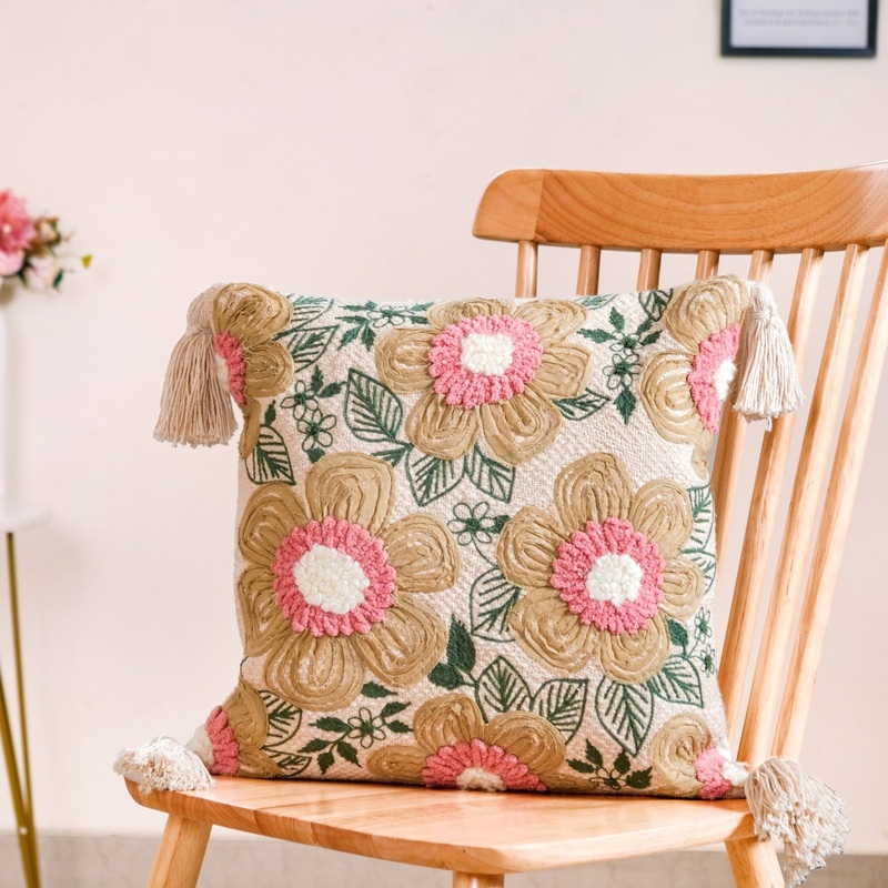 Ribbon And Punch Needle Embroidery Cushion Case 16x16 Inch