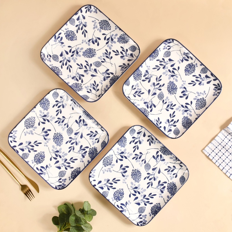 Set Of 4 Blue Ceramic Square Dinner Plates 9x9 Inch