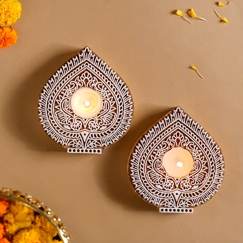 Wooden Block Decorative Candle Holder Set Of 2