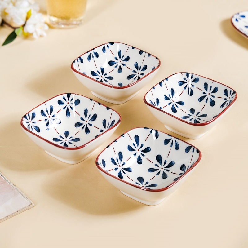 Floral Square Ceramic Bowls Set Of 4 Blue 300ml