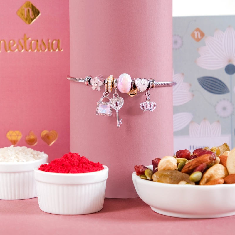Lock And Key Charm Bracelet Rakhi Gift Set Of 3 With Box And Card