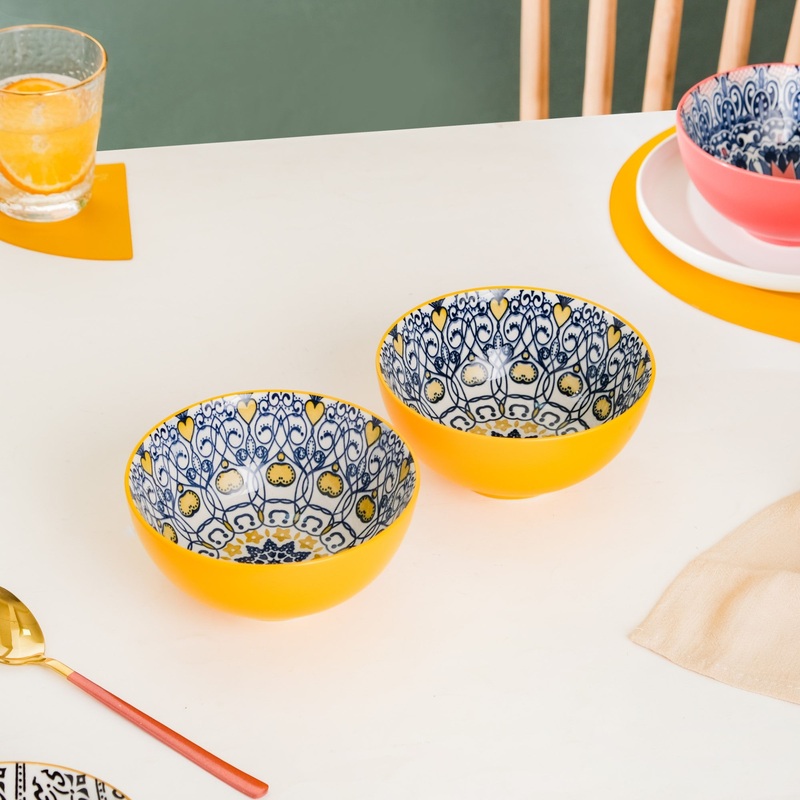 Mandala Ceramic Snack Bowl Yellow 400ml Set Of 2