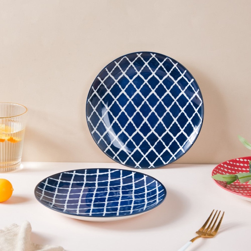Shibori Chequered Starter Plate Blue 7.5 Inch Set Of 2