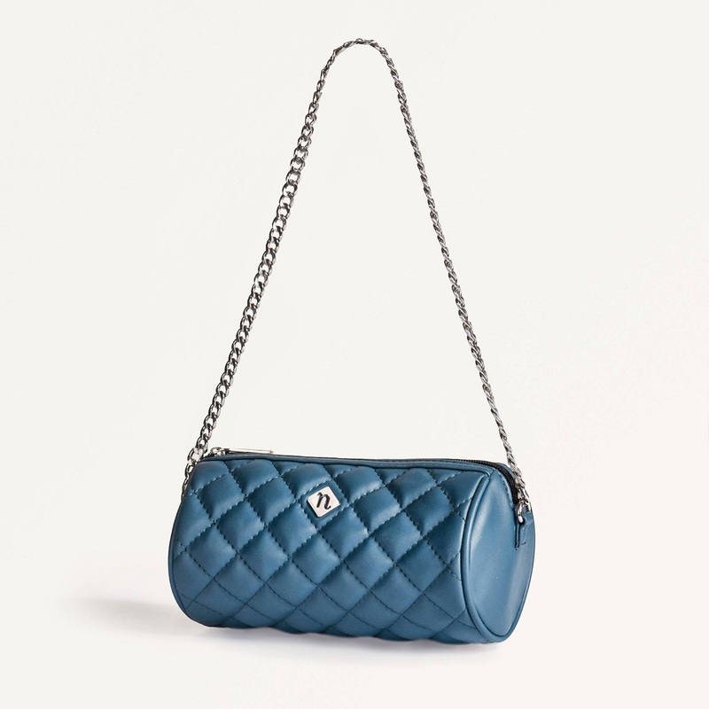 Blue Mini Barrel Bag With Chain Strap