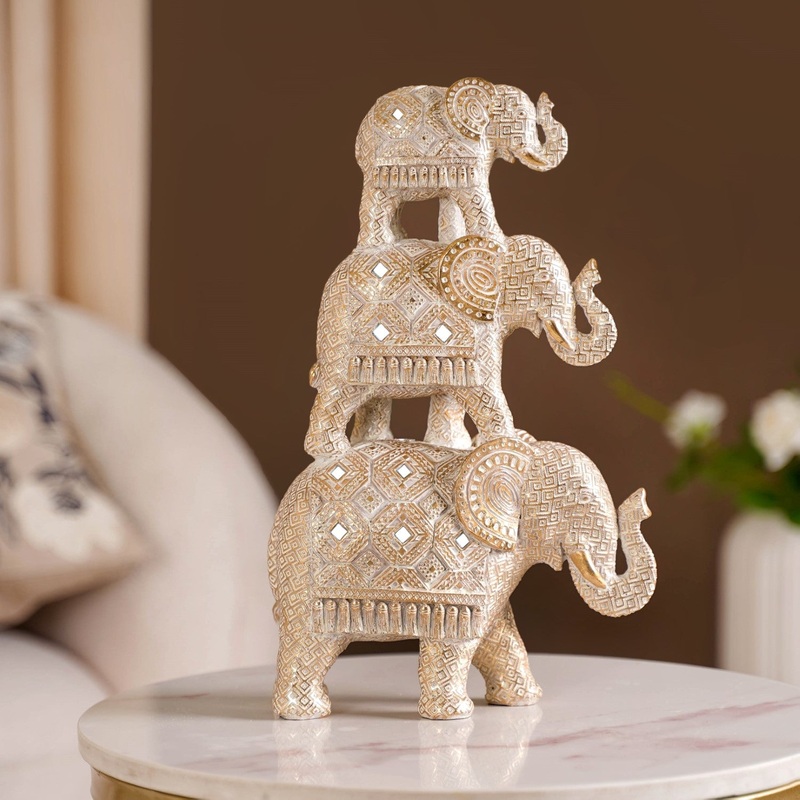 Elephant Family Pyramid With Mirrorwork White