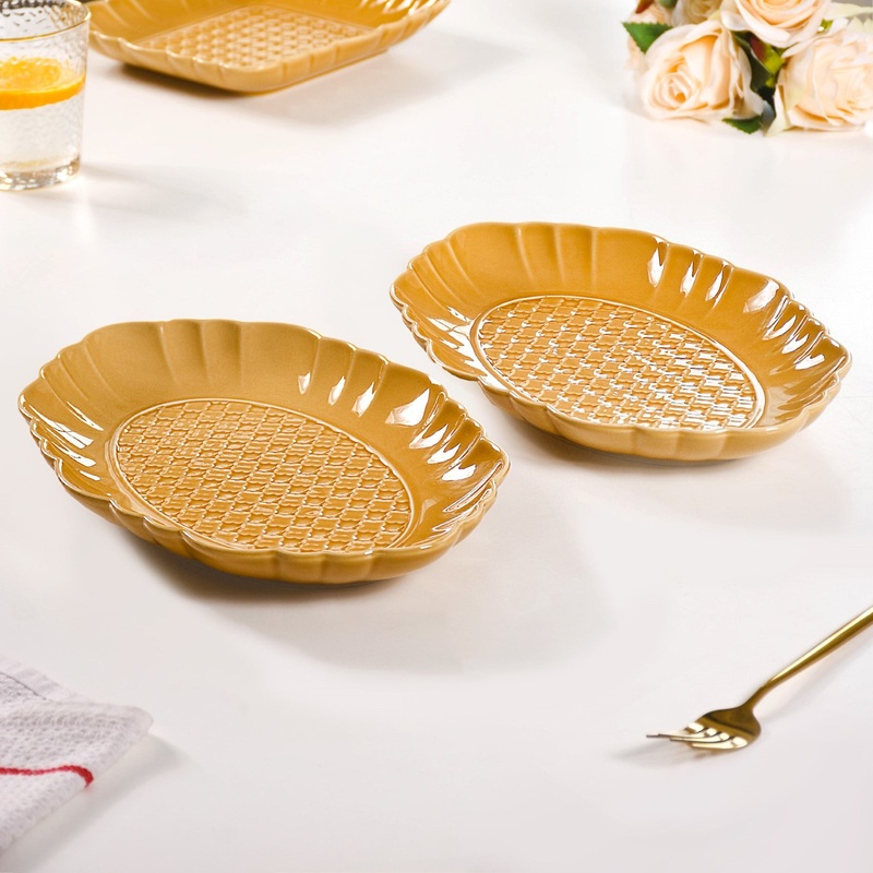 Exotic Moroccan Motif Platter Yellow Ochre Set Of 2 12 Inch