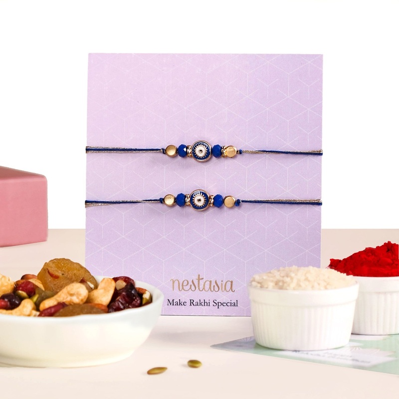 Gold Blue Protective Rakhi Gift Set Of 4 With Box And Card