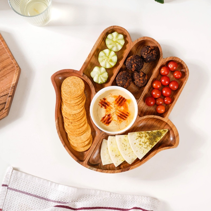 Hamsa Hand Wooden Platter With Dip Bowl